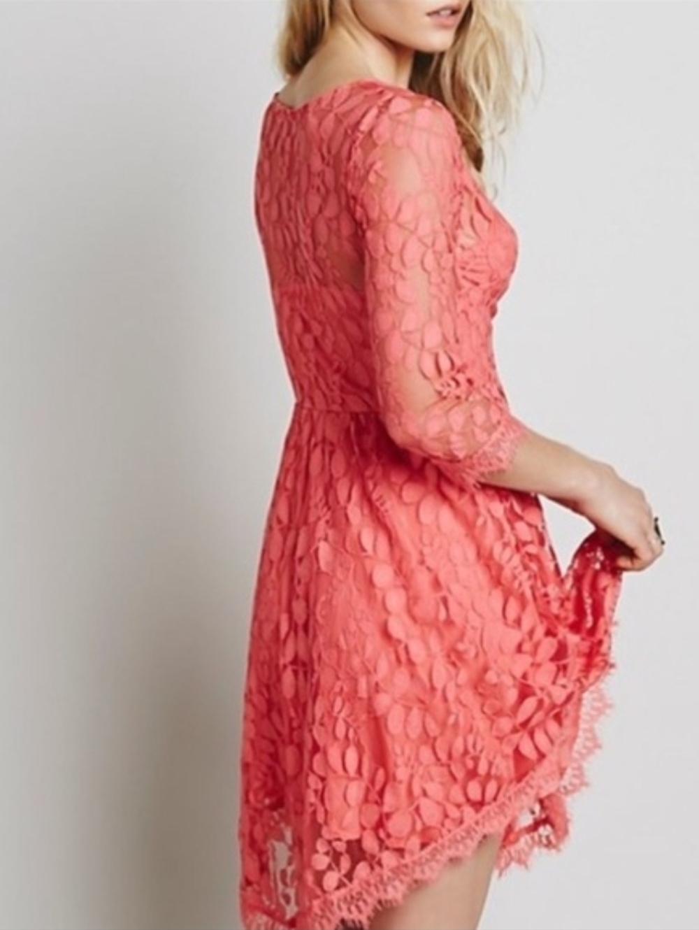 Free People Flare Pink On Pink Mini Floral Mesh Lace Dress 3/4 Sleeve  Size 2